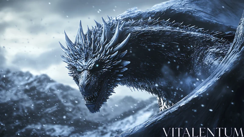 Ice dragon emerges snarling in a harsh frozen blizzard.