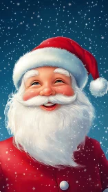 Smiling Santa Claus portrait in snowfall against blue sky