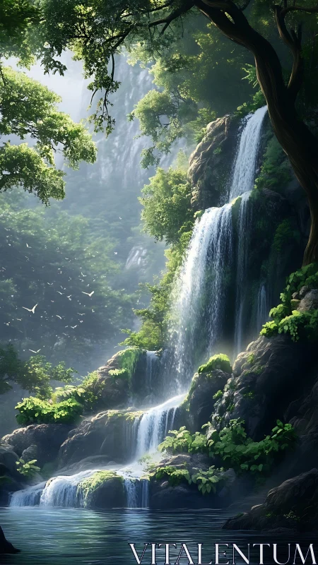 Sunlit forest waterfall cascades over mossy rock terraces