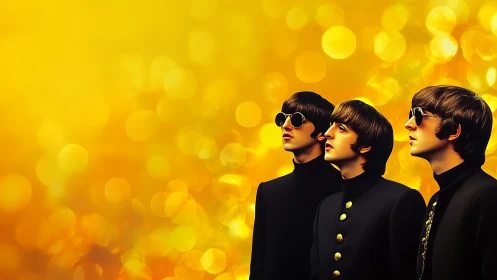 Digital pop portrait of retro band against golden bokeh field.