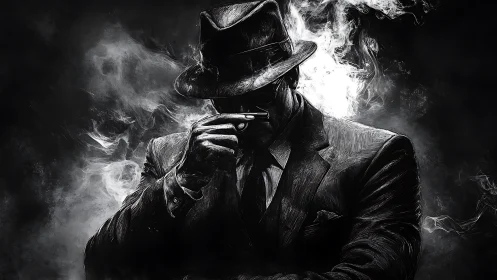 Shadowed noir detective smokes in swirling monochrome fog
