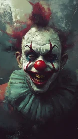 Sinister carnival clown with a haunting, mischievous grin.