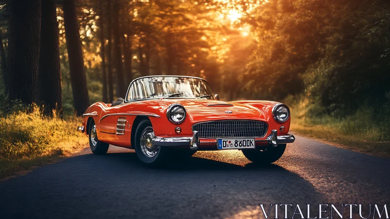Sunlit red classic convertible invites an easy forest escape