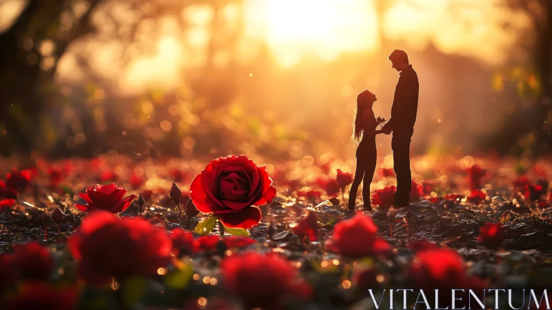 Romantic Couple in Rose Field at Golden Sunset