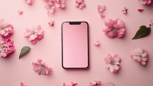 Smartphone with Monochromatic Pink Floral Arrangement Flatlay Composition.