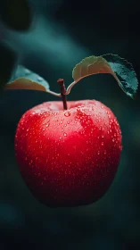 Red apple with water droplets against dark blurred background.