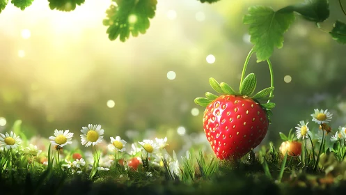 Glistening strawberry rests in dreamy sunlit meadow garden.