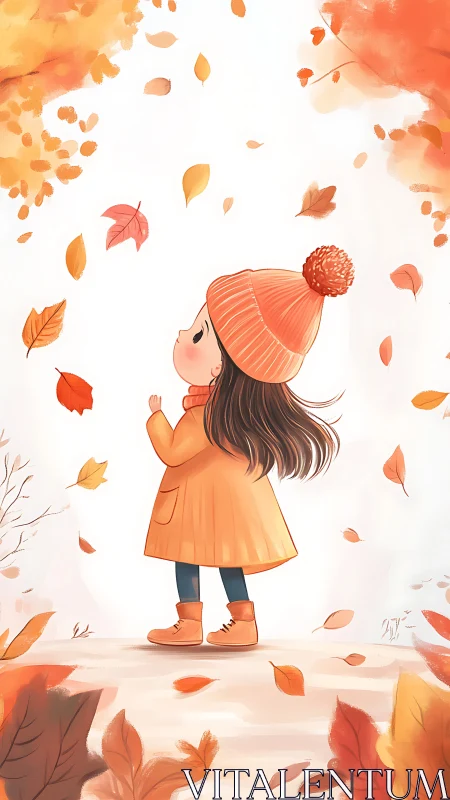 Child in autumn coat studies drifting foliage in warm palette