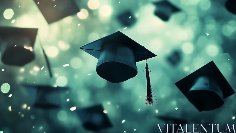 Graduation caps suspended midair in teal bokeh celebration.