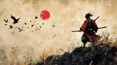 Samurai figure observes bird silhouettes against red sun