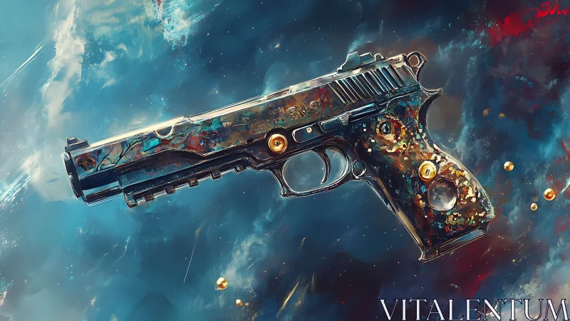 Celestial handgun floats in swirling cosmic color and light