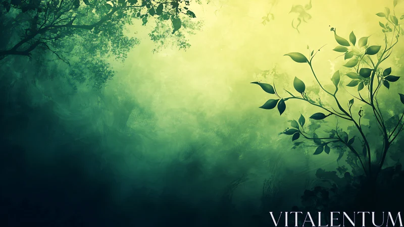 Backlit forest foliage emerges through atmospheric green haze