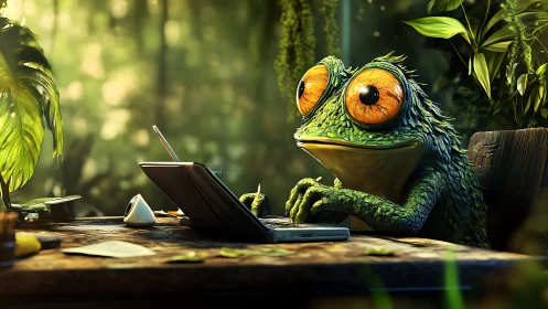 Forest frog designer works at tablet in glowing green studio