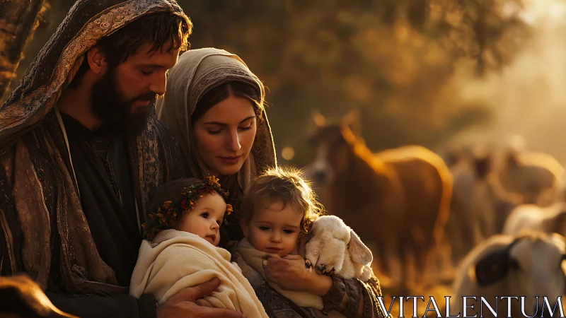 Holy family cradles children and lamb amid warm pastoral light