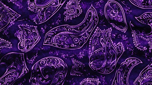 Purple paisley fabric pattern with stylized ornamental shapes.
