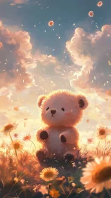 Plush teddy bear sits in glowing wildflower meadow at sunset