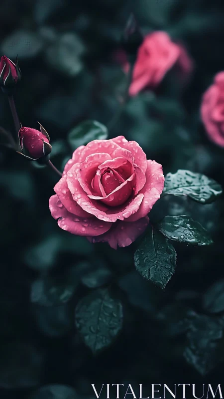 Pink rose blooms brilliantly against moody teal backdrop