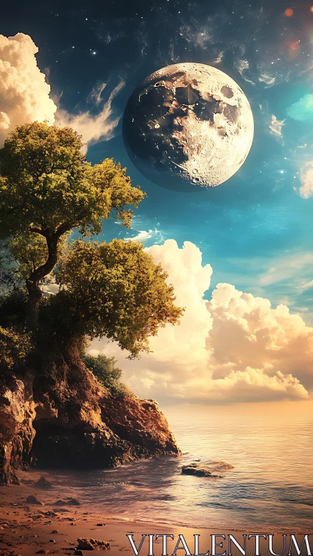 Luminous coastal cliff under colossal crescent moonrise.