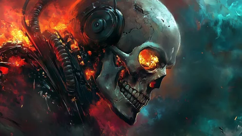 Flaming cyborg skull with headset emerges from burning void