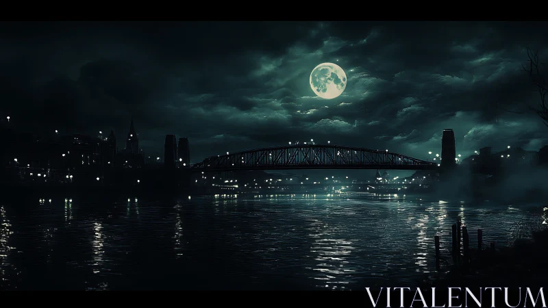 Lunar-lit steel bridge over misty river at midnight.