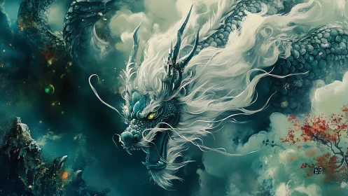 Mythic azure dragon with high-detail scales pierces storm clouds