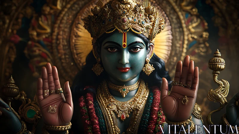 Warrior deity in golden armor strides through stormy twilight