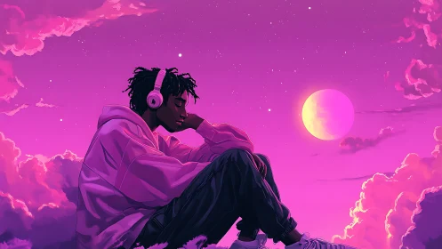 Solitary listener under magenta twilight sky and rising moon