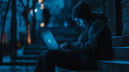 Hooded person using laptop on city steps at night scene.