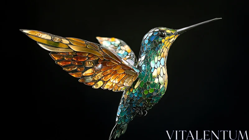 Gemstone hummingbird sculpture glows against dark void