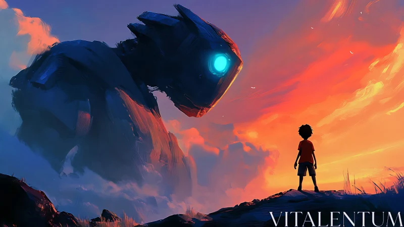 Digital painting of child confronting colossal robot at sunset.