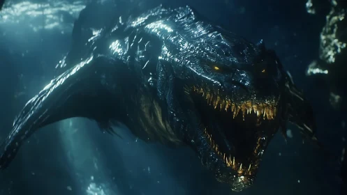 Ferocious deep sea dragon creature with glowing eyes.