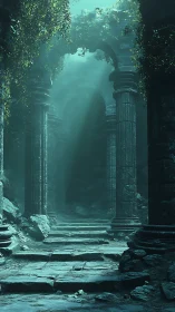 Sunlit ivy over ancient stone columns in ruins.