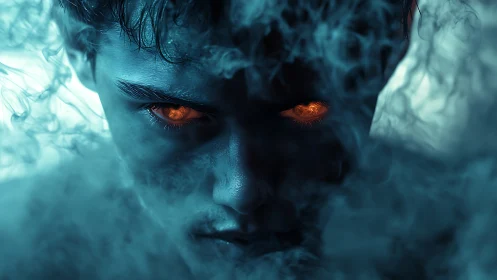 Demonic gaze burns through swirling teal cinematic smoke.