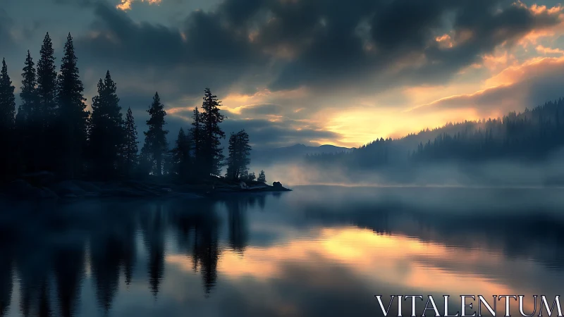 Photorealistic alpine lake at dawn with mist and reflections.