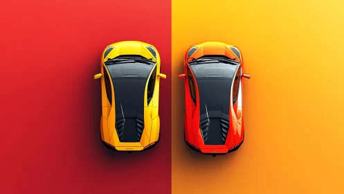 Dual supercars on split red and yellow gradient field.