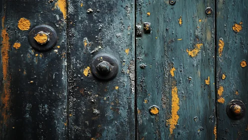 Weathered teal metal door preserves layers of rusted history