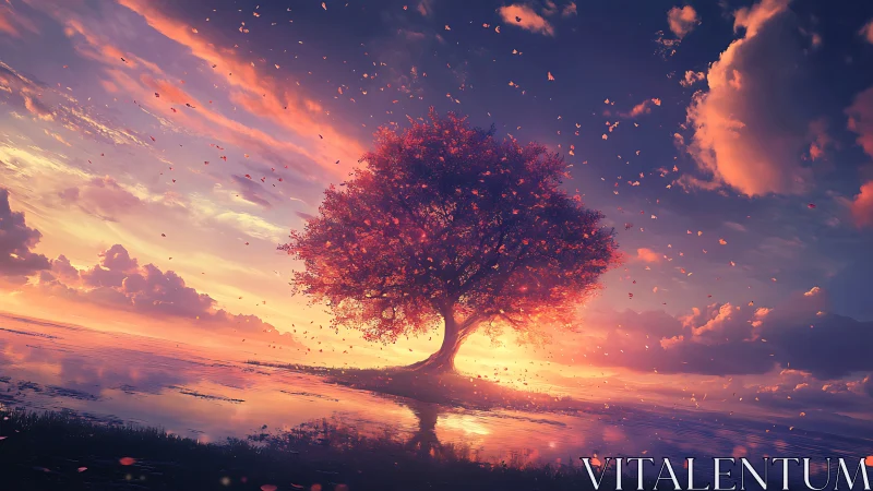 Sunset tree of quiet dreams glowing above gentle water.