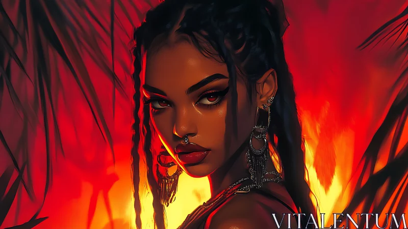 Ember-lit gaze of a fierce, jeweled jungle muse at dusk.