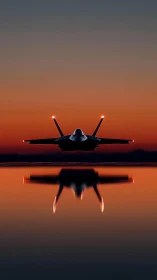 Stealth jet silhouette over mirrored sunset horizon line.