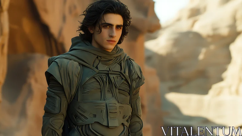 Desert wanderer stands poised in rugged sci fi armor