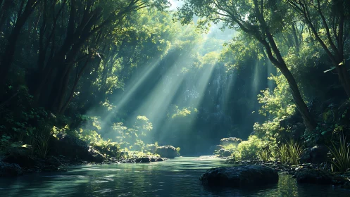 Sunlit Forest Stream with Cathedral-like Canopy