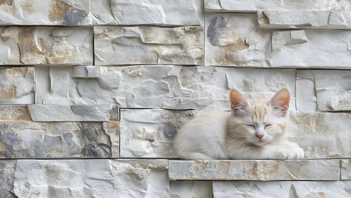 White Cat Resting Against Textured Stone Facade Wall