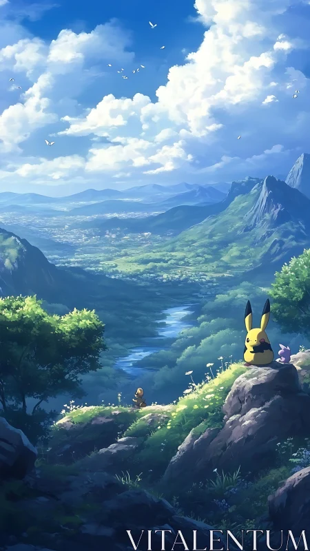 Anime valley landscape with Pikachu watching distant river.