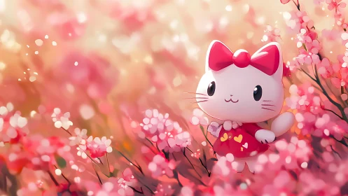 Cute chibi cat mascot in glowing pink blossom field.
