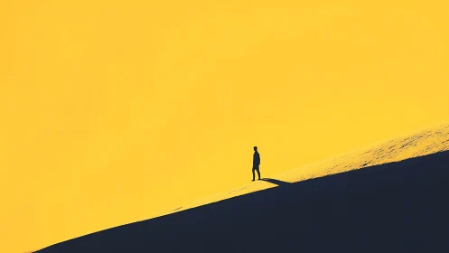 Solitary human figure on sloped ridge under flat yellow sky.