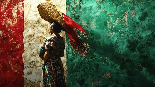 Woman in Traditional Dress and Sombrero Before Textured Mexican Flag.