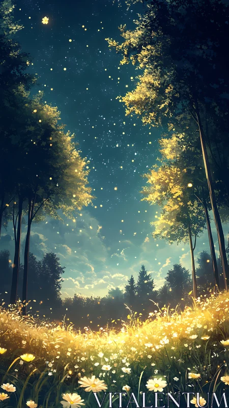 Luminous wildflower meadow under star-filled twilight sky.
