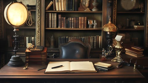 Scholar&rsquo;s midnight desk glows amid leatherbound whispers.