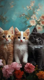 Three Kittens in Floral Garden Setting with Turquoise Background