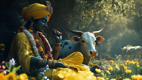 Blue-skinned figure with cow lies in flowered woodland clearing